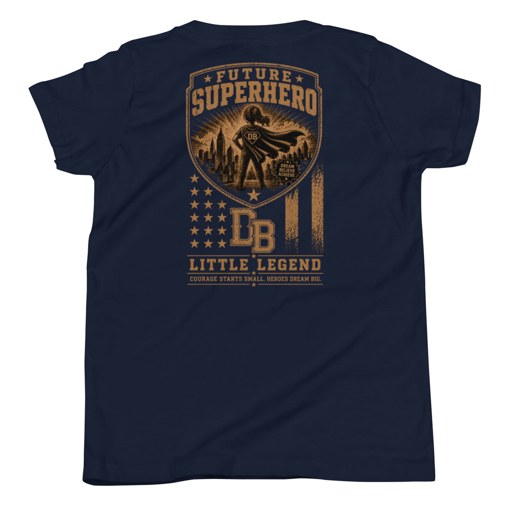 Black youth superhero girl graphic T-shirt by DREKK™ Boots Co., featuring vintage superhero design and vibrant print.