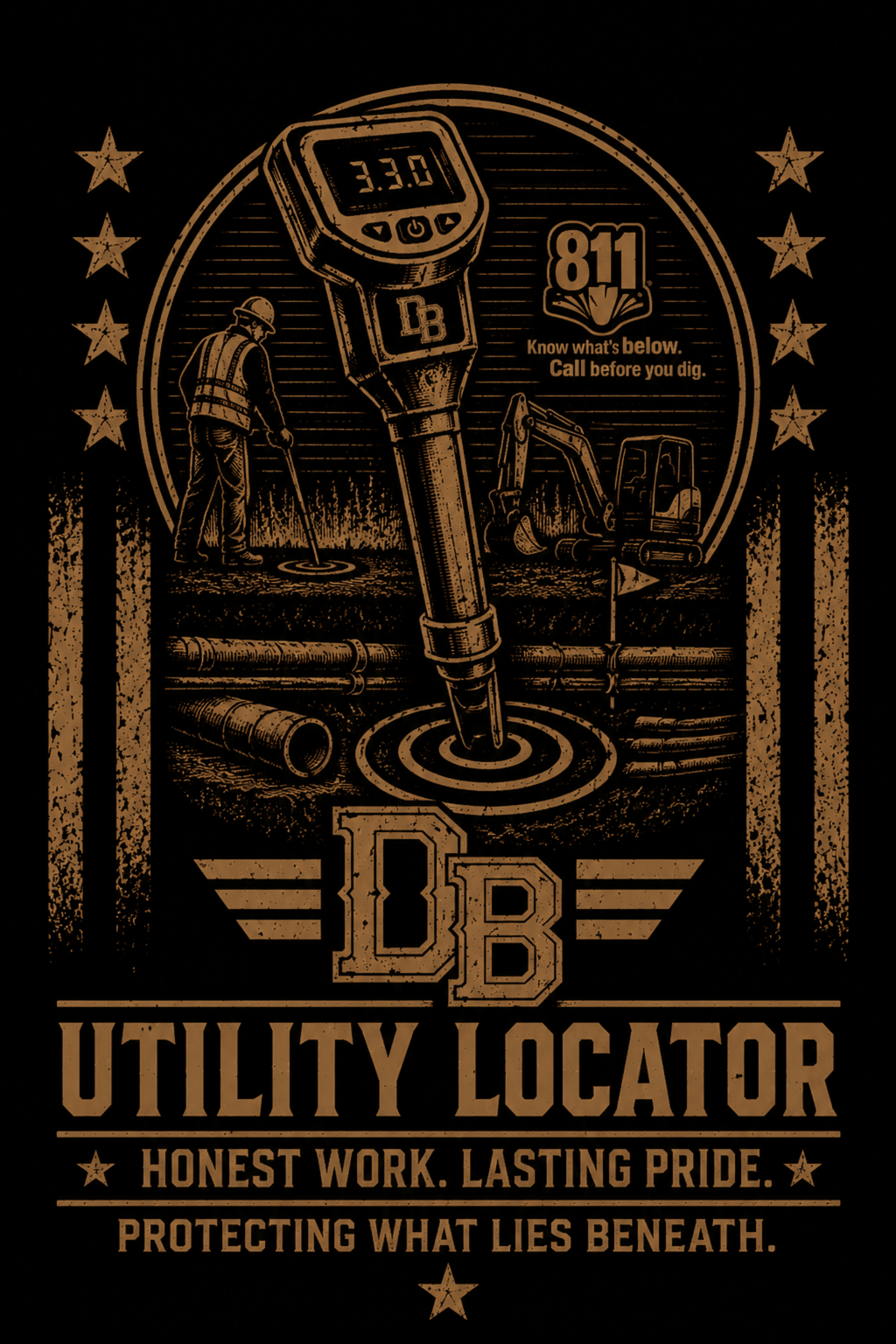 Men’s Utility Locator Vintage Graphic Crew T-Shirt by DREKK Boots Co., black cotton T-shirt with retro work-themed graphic design.