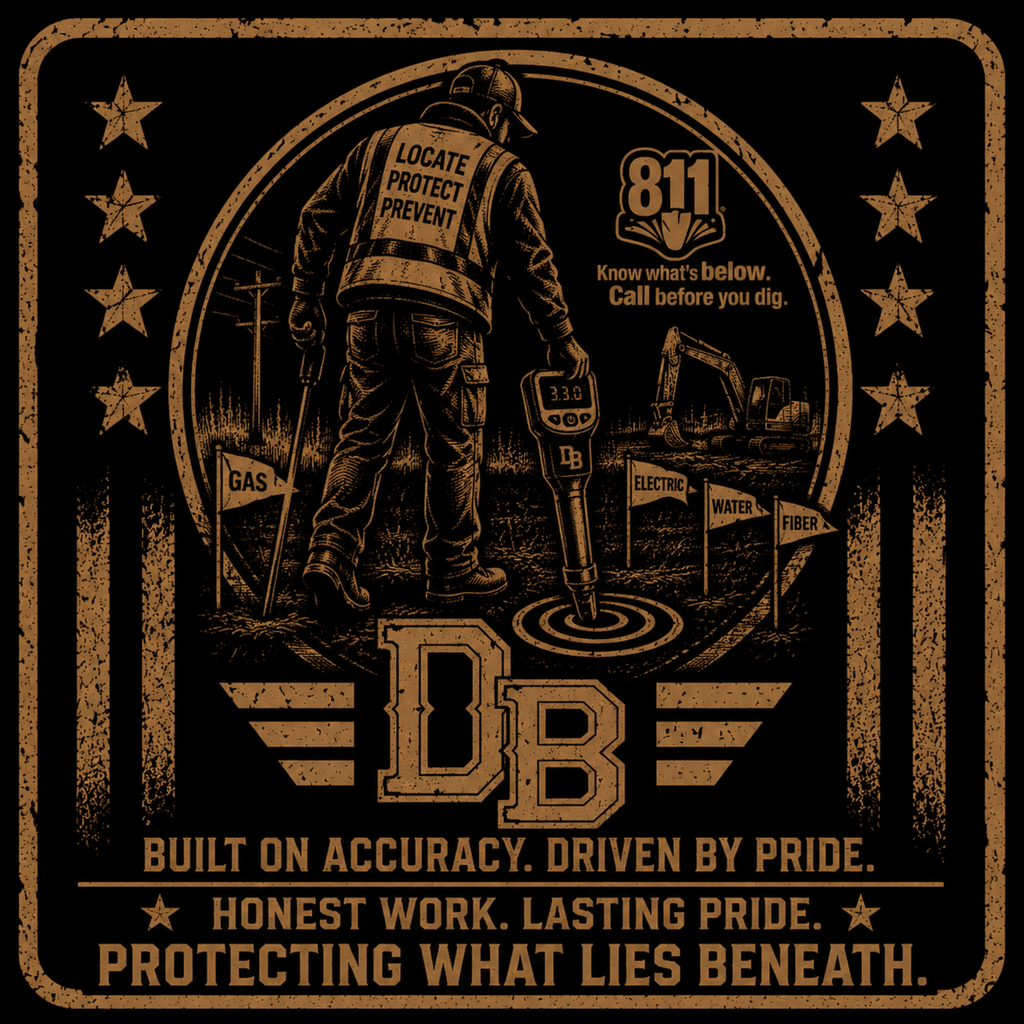 Men’s black utility locator vintage graphic crew T-shirt by DREKK Boots Co. featuring a bold, retro work-inspired design.