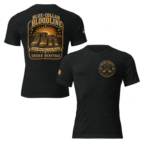 Men’s blue-collar bloodline heritage graphic crew T-shirt by DREKK™ Boots Co., unisex tri-blend fabric, front and back view.