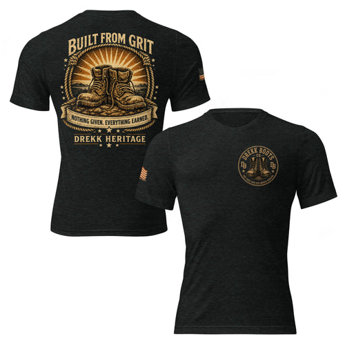 Men’s charcoal black tri-blend crew T-shirt by DREKK™ Boots Co. with heritage graphic design on front and back.