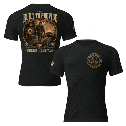Unisex charcoal black DREKK™ Heritage Graphic T-Shirt with front and back print, made from soft tri-blend fabric.