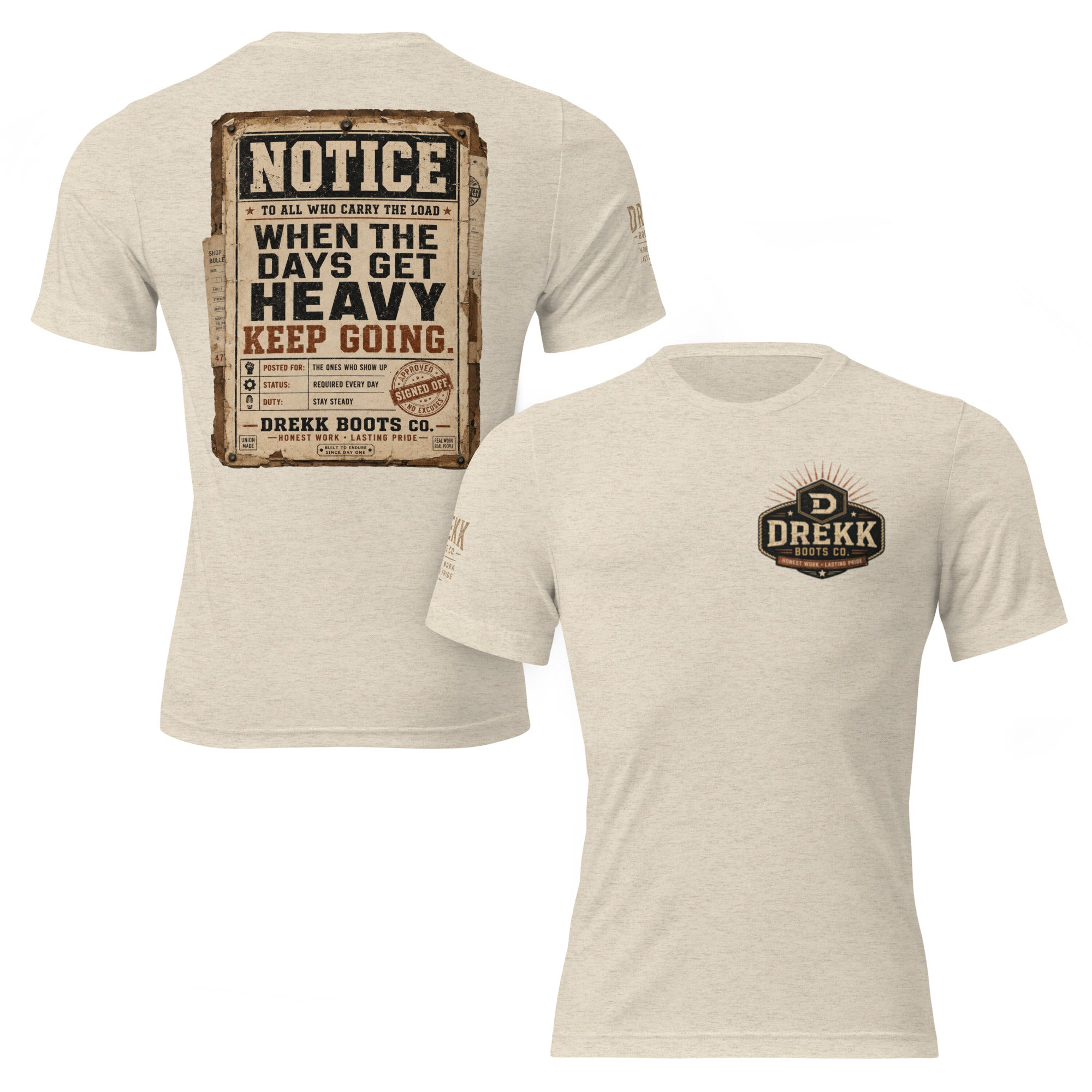 Unisex vintage-inspired DREKK™ Boots Co. graphic T-shirt in oatmeal tri-blend fabric, front and back view.