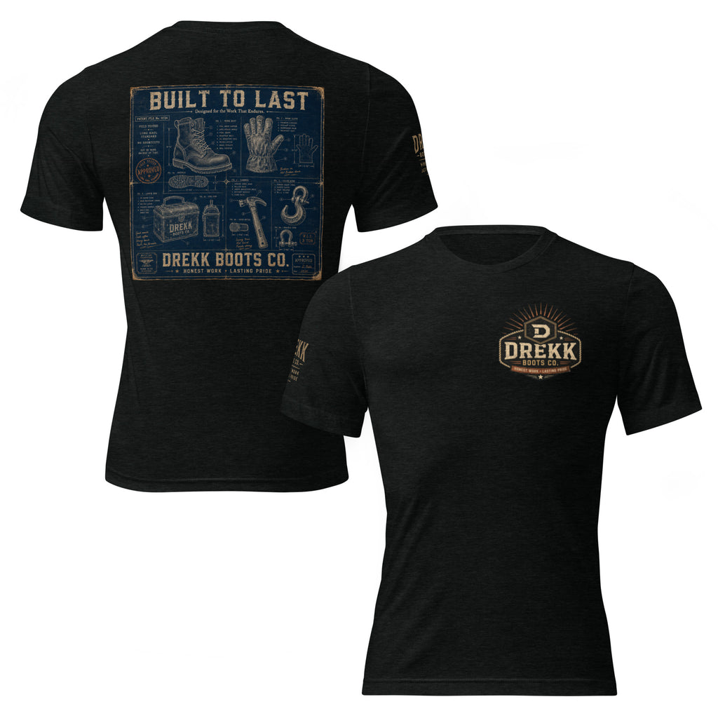 Unisex black tri-blend T-shirt with vintage workwear blueprint graphic on front and back, by DREKK™ Boots Co.
