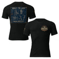 Unisex black tri-blend T-shirt with vintage workwear blueprint graphic on front and back, by DREKK™ Boots Co.