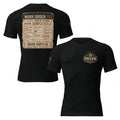 Unisex black vintage work order graphic T-shirt by DREKK™ Boots Co., front and back view of the tri-blend fabric.