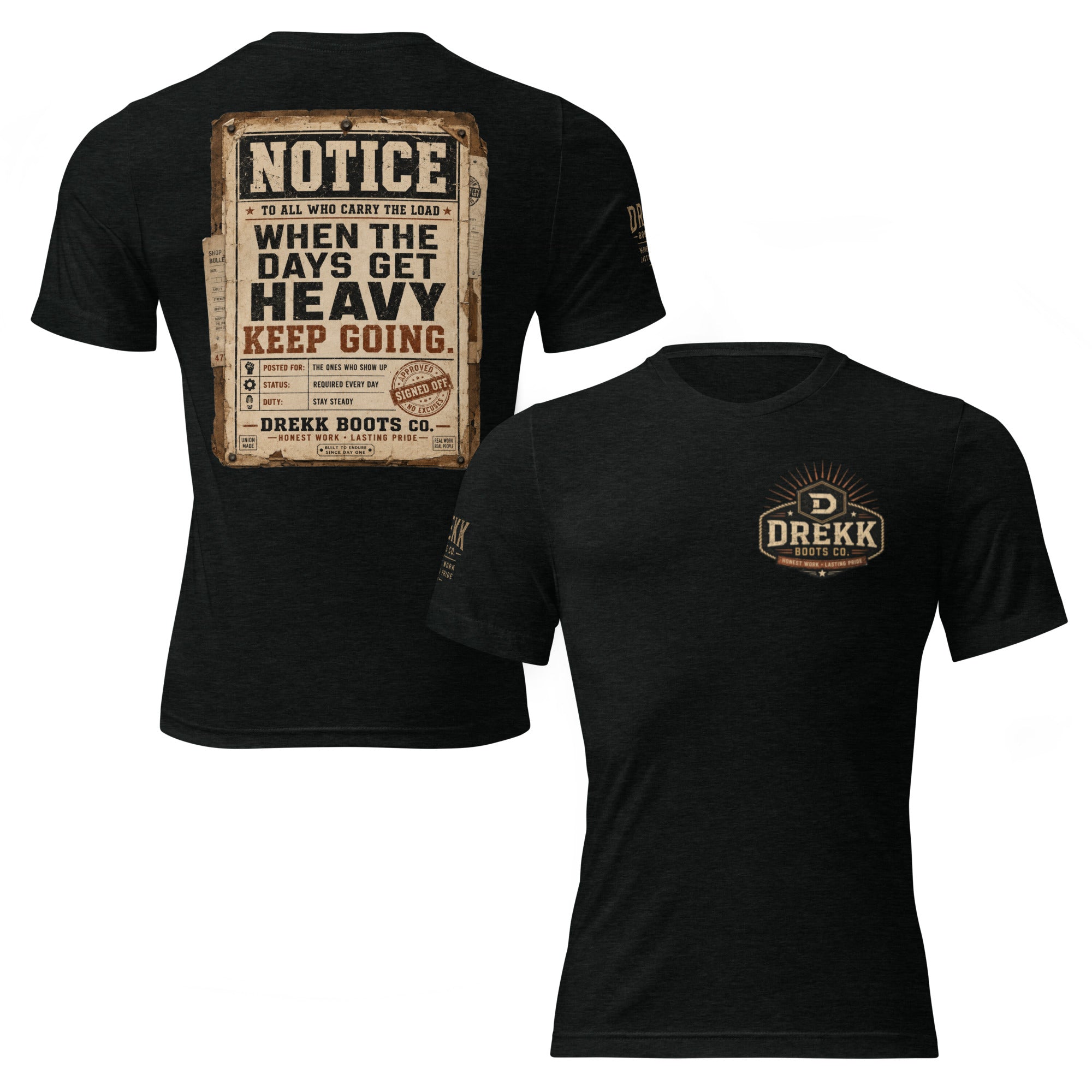 Unisex black vintage graphic T-shirt by DREKK™ Boots Co. with front and back print, made from soft tri-blend fabric.