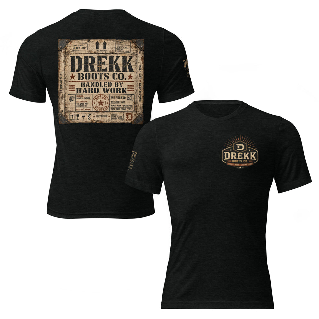 Black unisex T-shirt with vintage shipping crate graphic on front and back, made from tri-blend fabric by DREKK™ Boots Co.