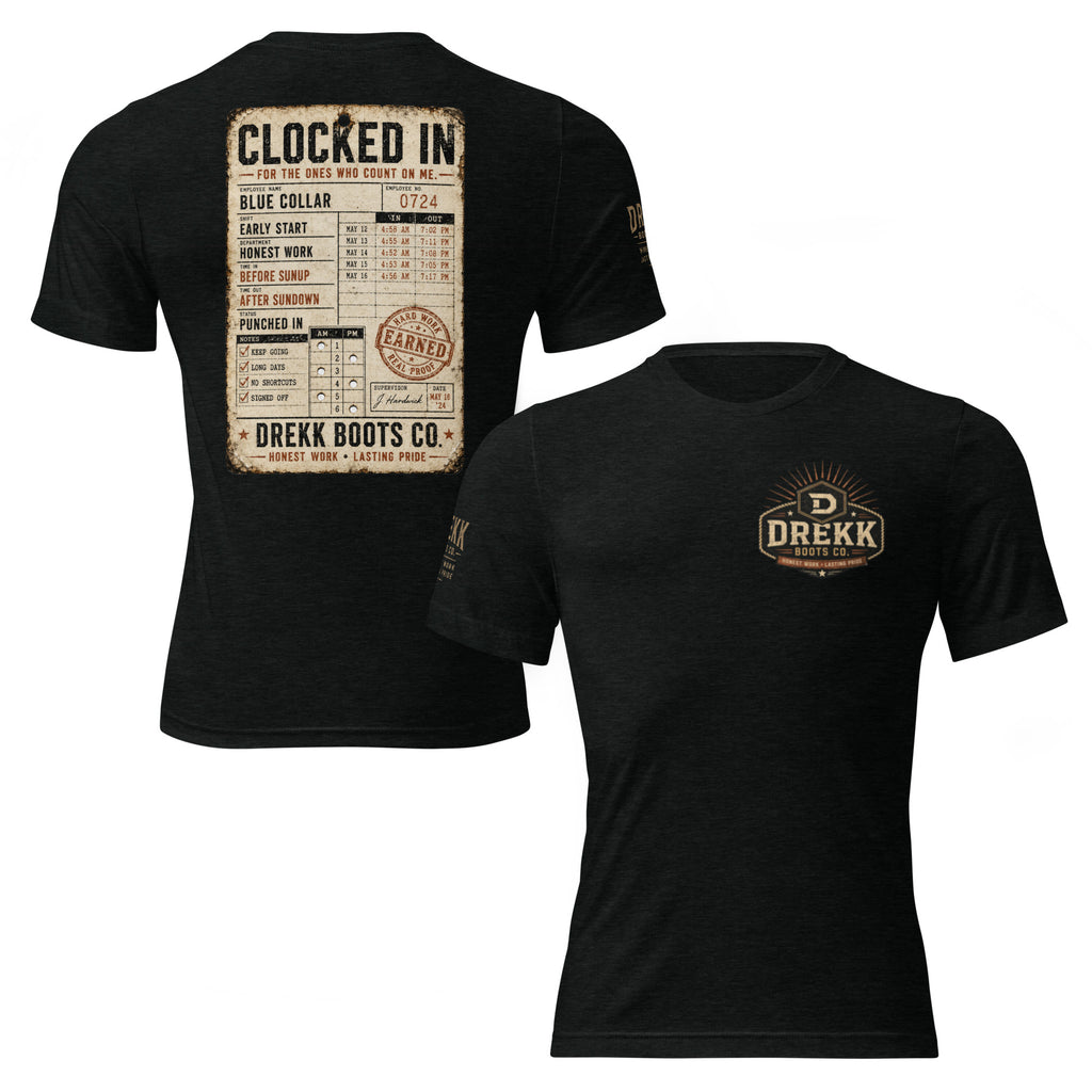 Unisex black DREKK™ vintage timecard graphic T-shirt with front and back design, made from soft tri-blend fabric.