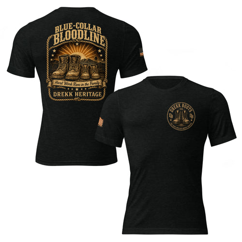 Men’s blue-collar bloodline heritage graphic crew T-shirt by DREKK™ Boots Co., black tri-blend fabric front and back.