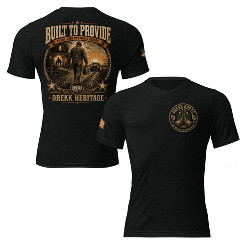 Unisex black tri-blend DREKK™ Heritage Graphic T-Shirt with front and back design, casual crew neck style.