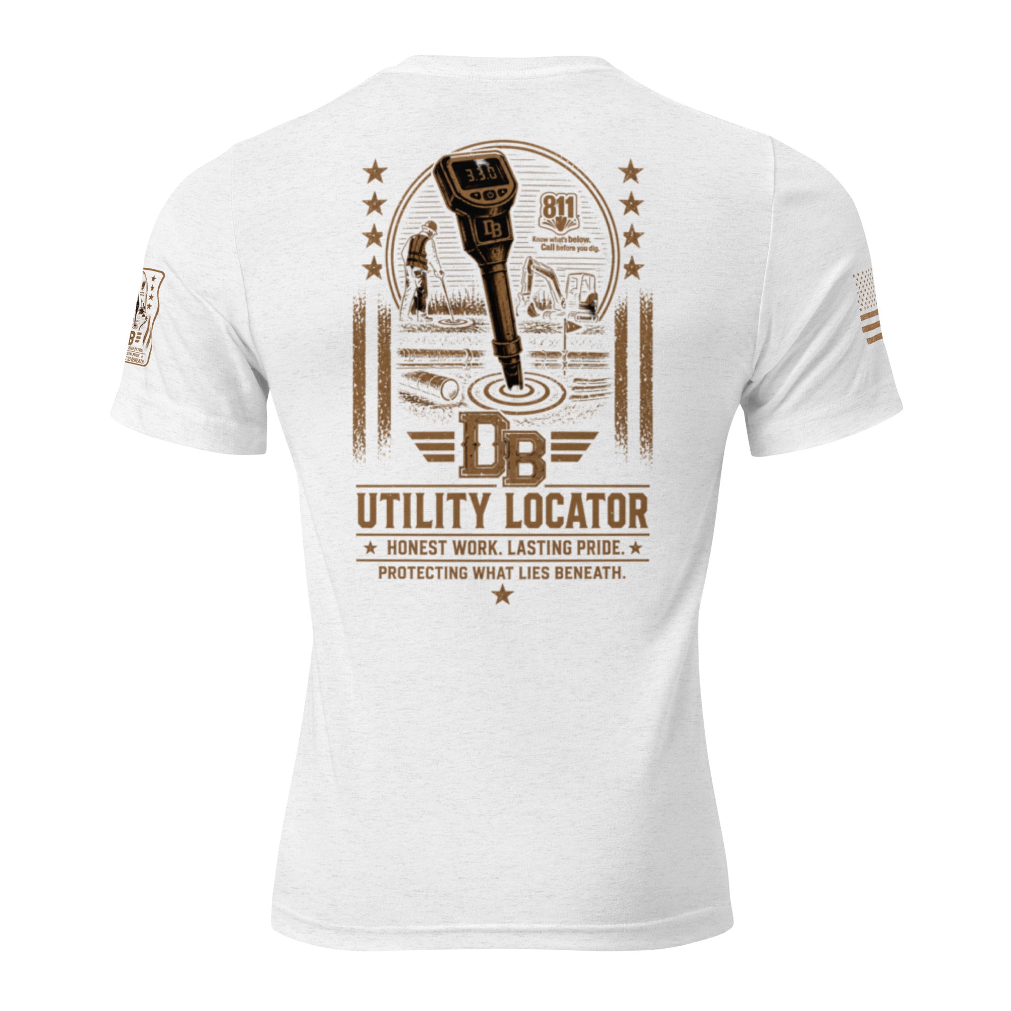     White Utility Locator T-Shirt back view featuring vintage damage prevention and utility locating artwork