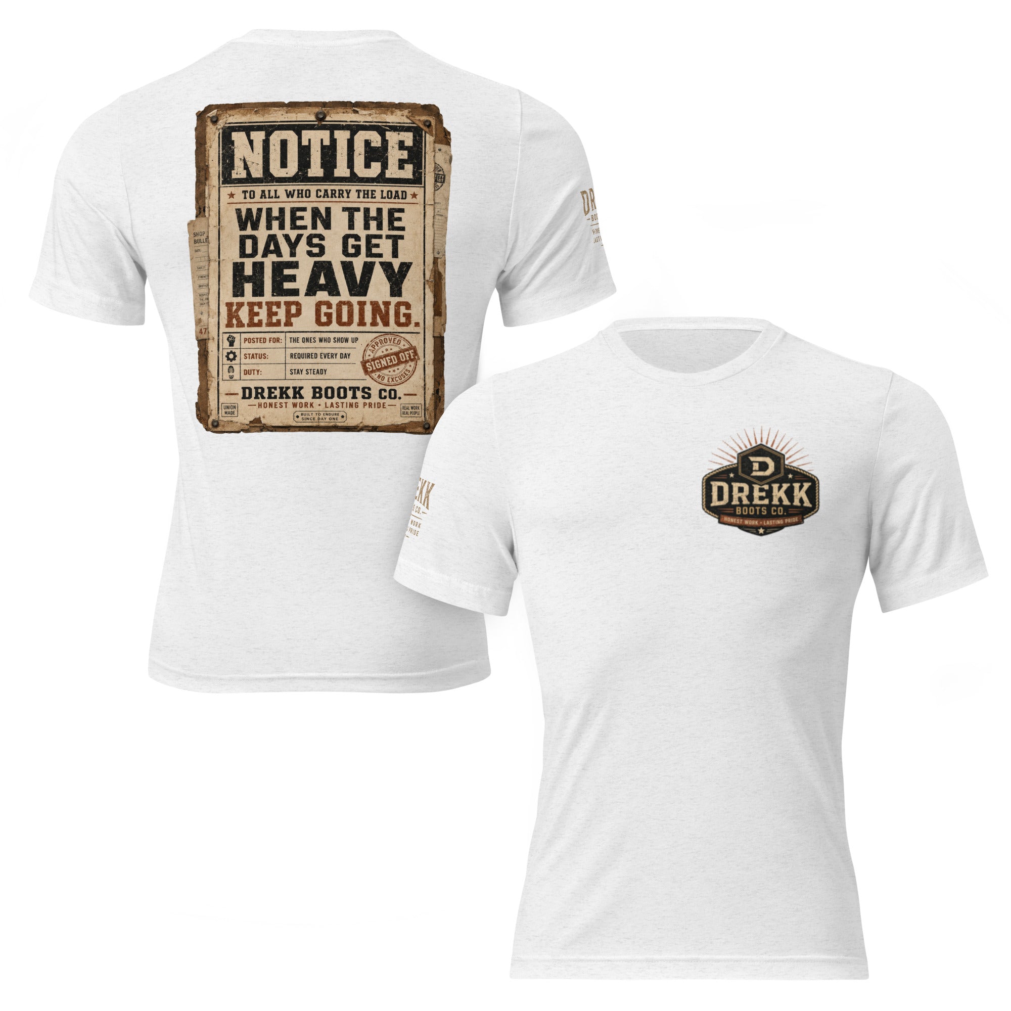 Unisex white vintage graphic T-shirt by DREKK™ Boots Co. with front and back design, made from soft tri-blend fabric.