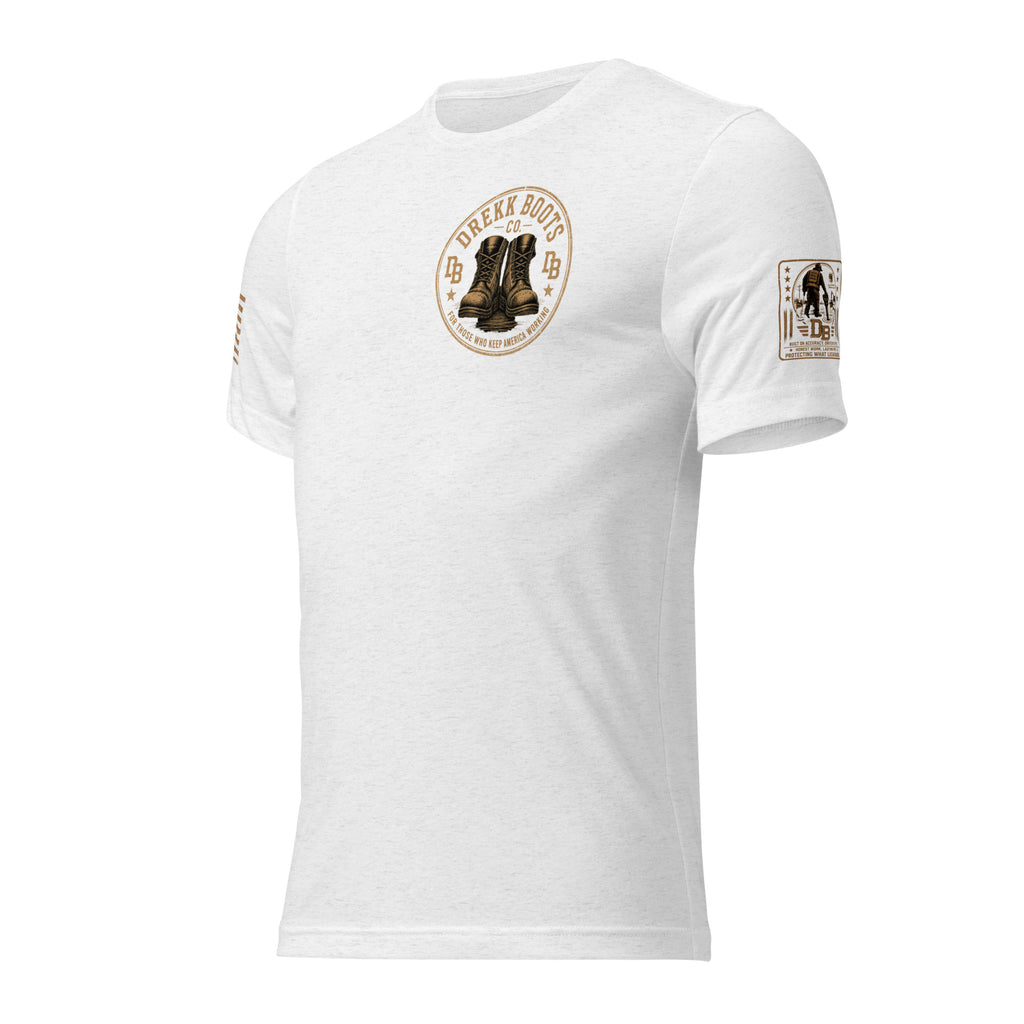 White Utility Locator T-Shirt angled front view with vintage chest graphic and utility locator sleeve artwork