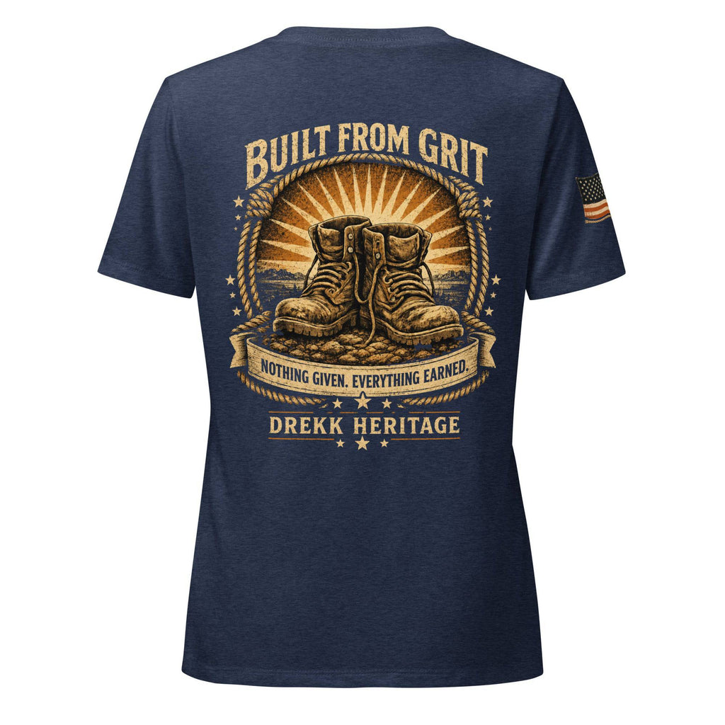 Women’s navy Heather V-neck T-shirt by DREKK™ Boots Co. with "Built From Grit" graphic on the front, relaxed fit and soft fabric.