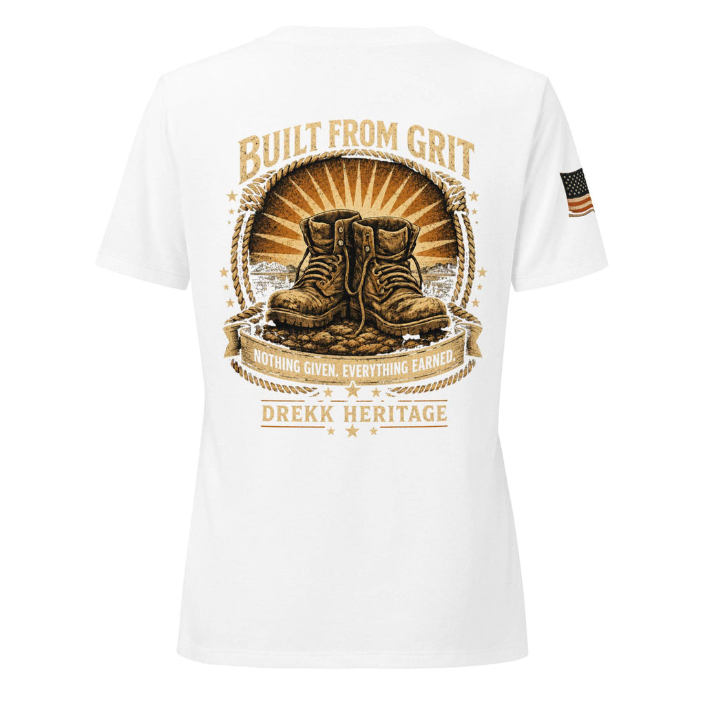 Women's white V-neck T-shirt by DREKK™ Boots Co., featuring a relaxed fit and heritage graphic design on the back.