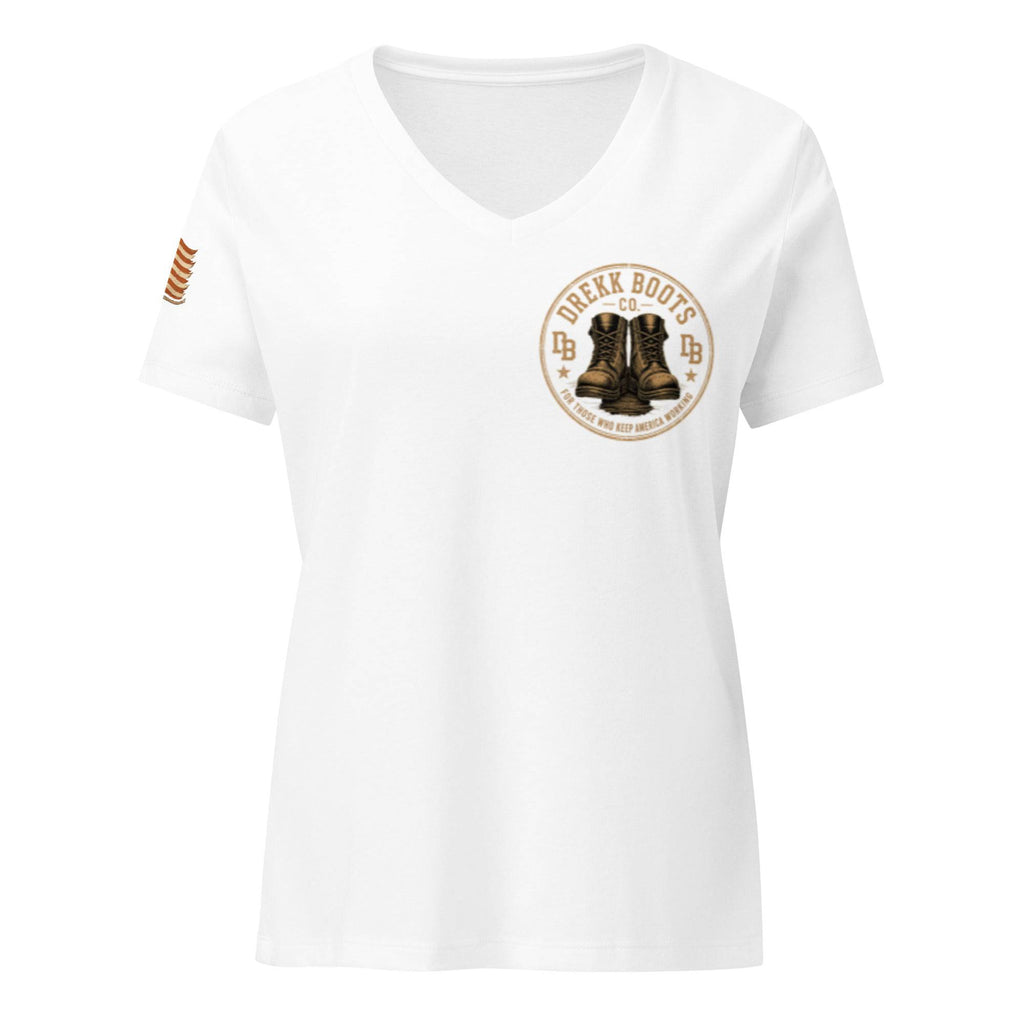 Women’s white V-neck T-shirt from DREKK™ Boots Co. with heritage graphic design on the front, casual and relaxed fit.