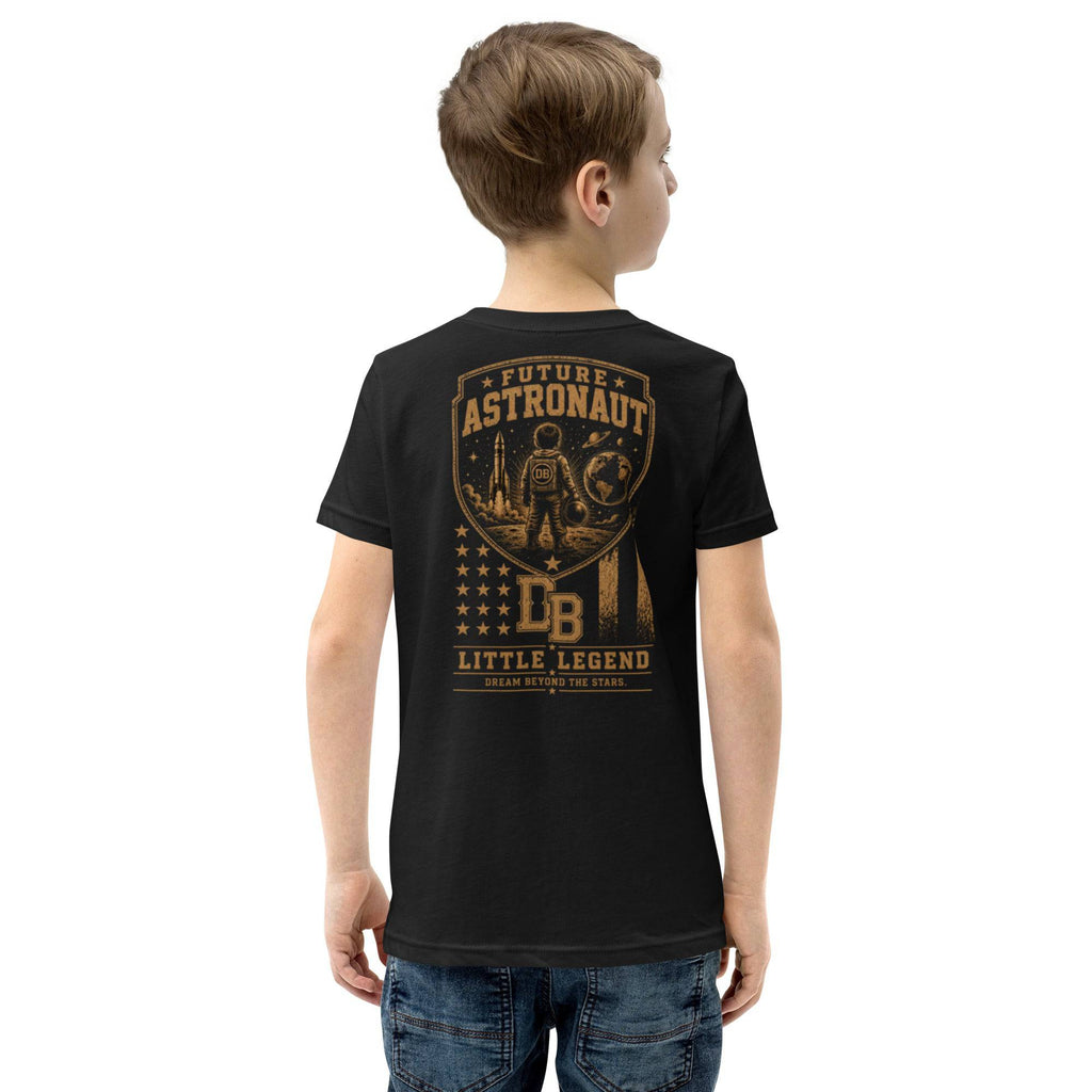 Youth Astronaut Vintage Graphic T-Shirt by DREKK Boots Co. featuring a space-themed design on a black fabric back view.