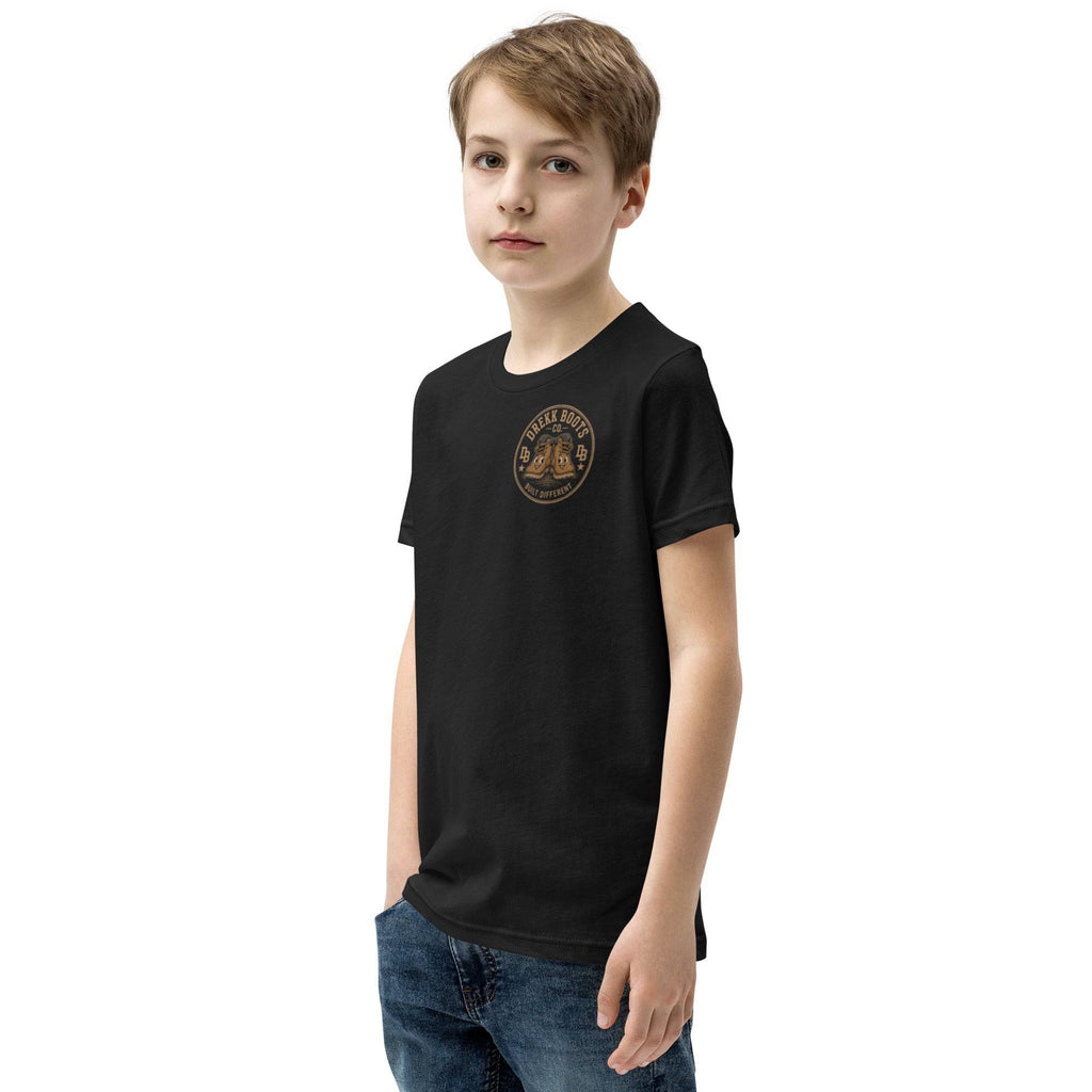 Youth Astronaut Vintage Graphic T-Shirt by DREKK Boots Co. featuring a black fabric with a space-themed astronaut design.